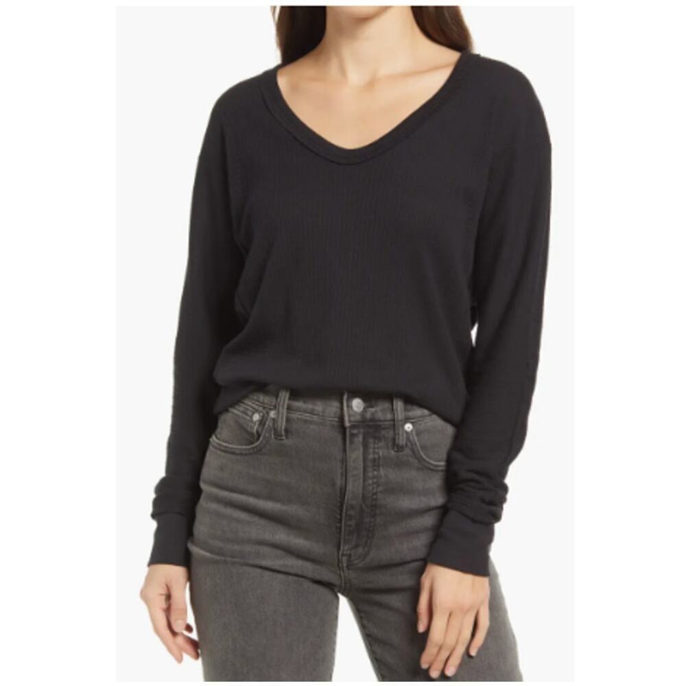 Treasure & Bond Women's Black V-Neck Long Sleeve Waffle Knit Top Size 2X